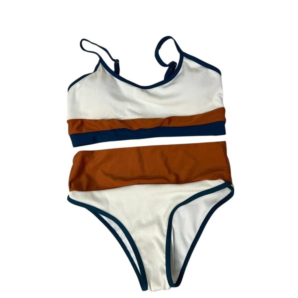 Floralkini Bikini Set Women Small White NWT Color Block Ribbed High Waist